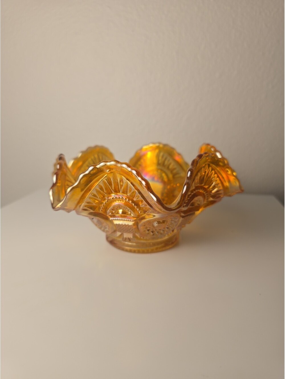 Marigold Carnival Hobstar Twins Art Glass Bowl Circa